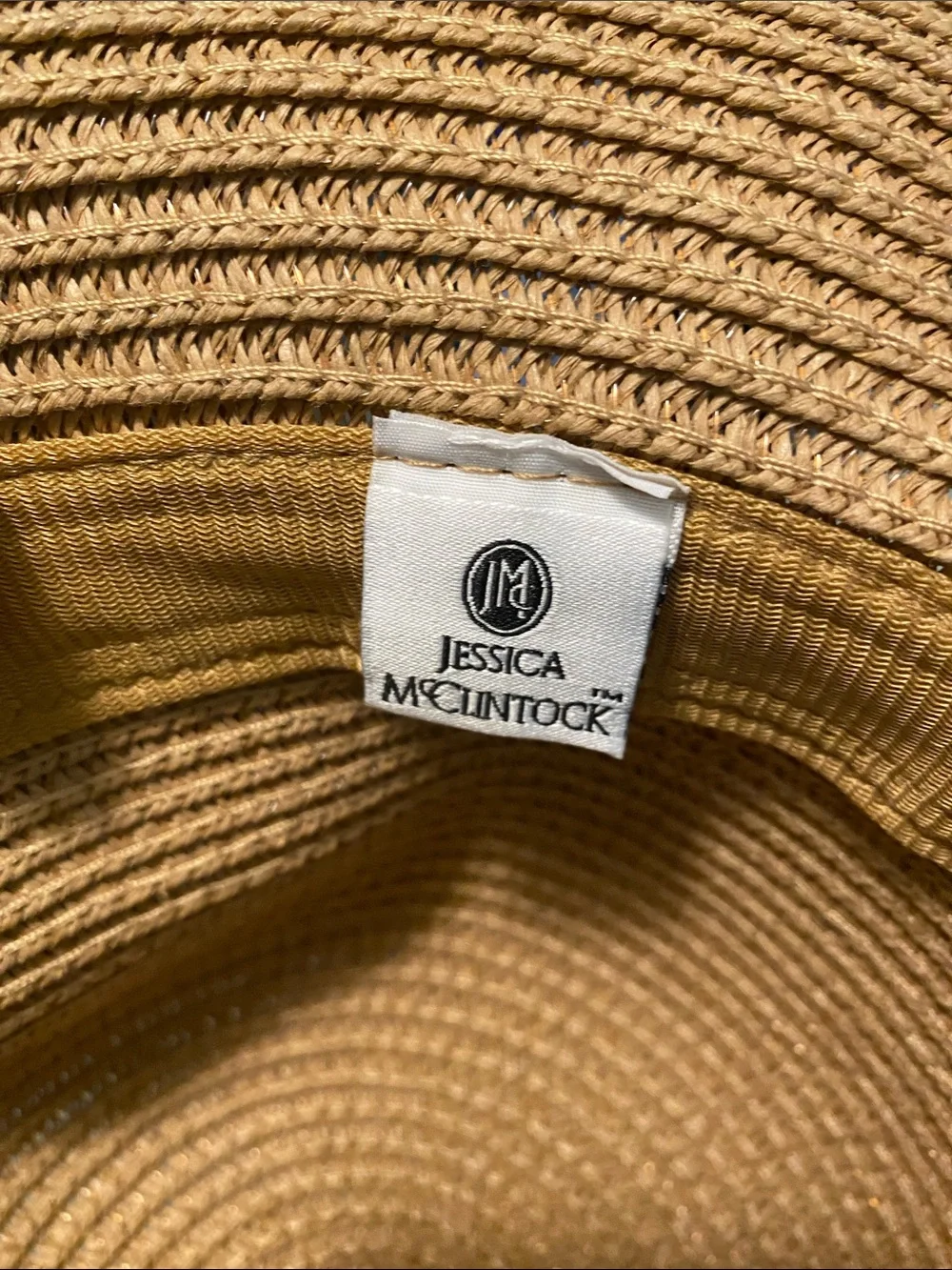 Jessica McClintock Tan Straw Wide-Brim Hat with Black Scarf Tie